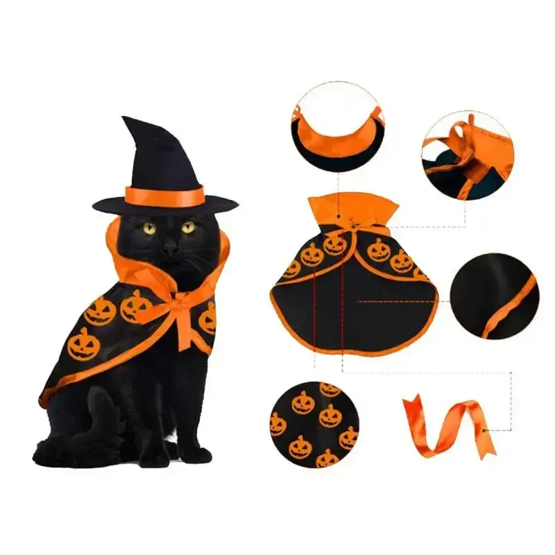 Pet Costumes for Cat Dog Breathable Soft Halloween Cute Pet Clothes Cloak Shape Pumpkin Pattern Harness Costume Pet Cosplay