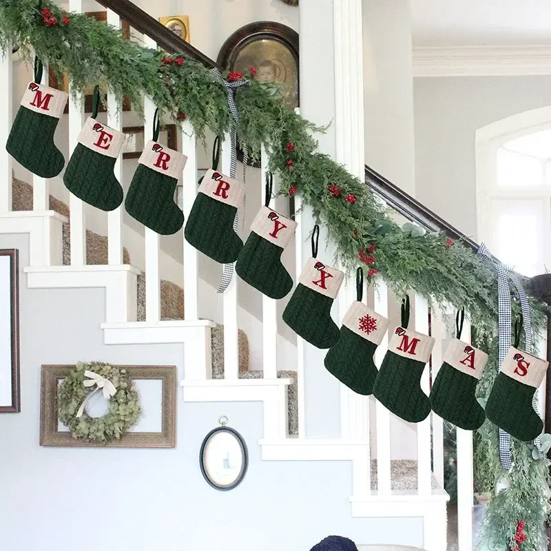 Christmas Socks Knitting Snowflake Letter Stocking Christmas Decoration for Home Xmas Tree Ornament Navidad Natal Decor 2024