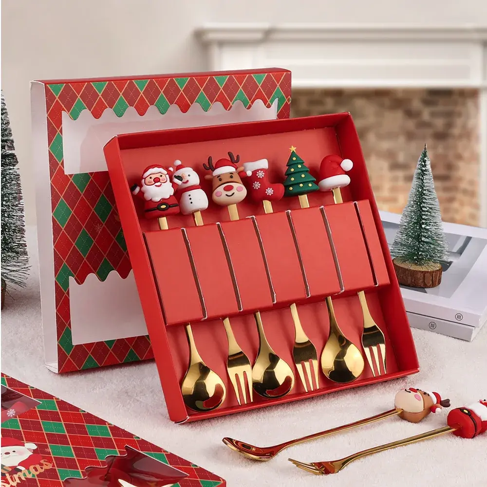 2024 Christmas Coffee Spoons Forks Set Stainless Steel Spoon Forks Christmas Gifts Tableware Doll Decoration Fruit Fork Spoon