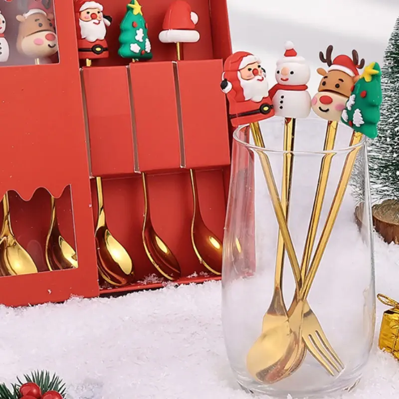 2024 Christmas Coffee Spoons Forks Set Stainless Steel Spoon Forks Christmas Gifts Tableware Doll Decoration Fruit Fork Spoon