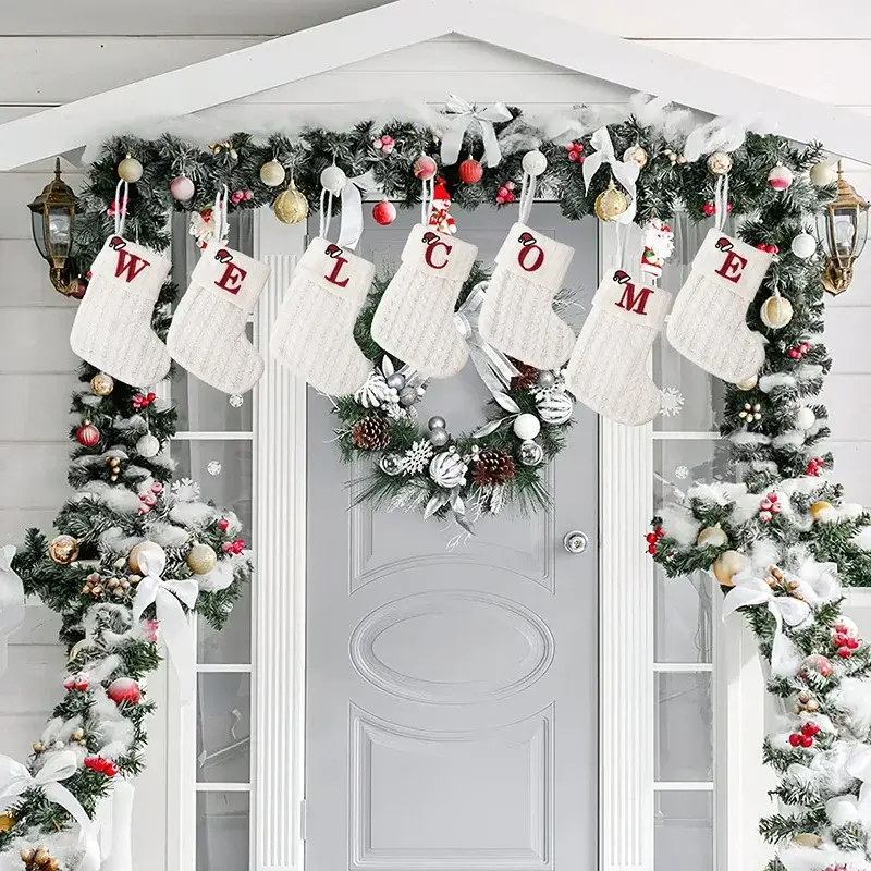 Christmas Socks Knitting Snowflake Letter Stocking Christmas Decoration for Home Xmas Tree Ornament Gift Navidad Natal 2024