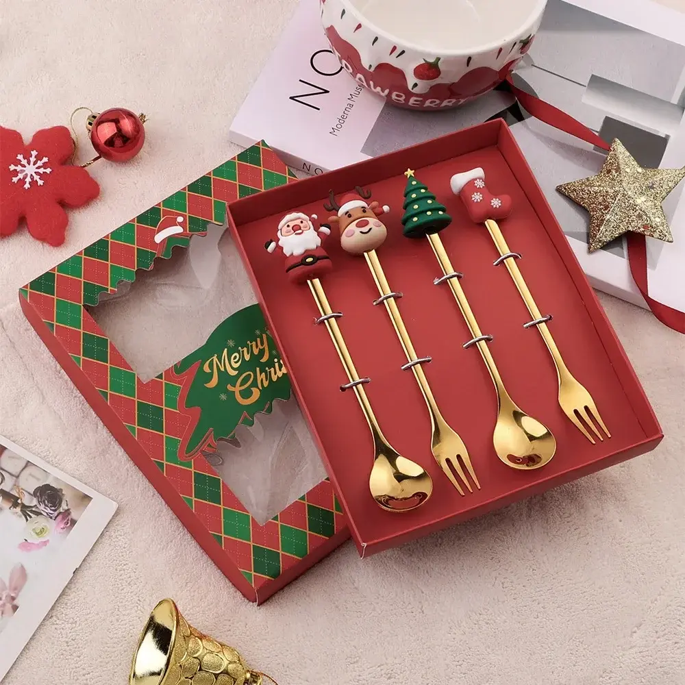 New 4/6Pcs Christmas Fork and Spoon Set,Stainless Steel Creative Tableware,Coffee Tea Dessert Forks and Spoons Holiday Gifts