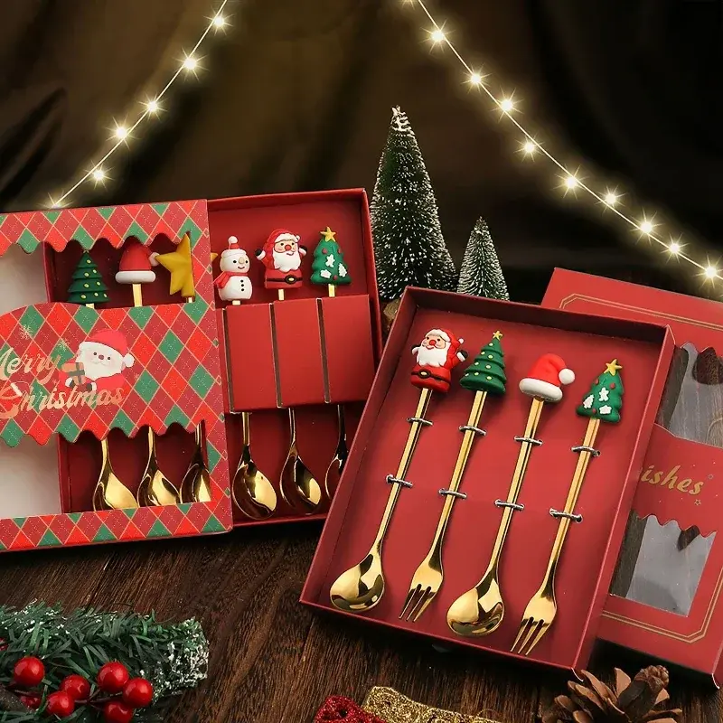 New 4/6Pcs Christmas Fork and Spoon Set,Stainless Steel Creative Tableware,Coffee Tea Dessert Forks and Spoons Holiday Gifts