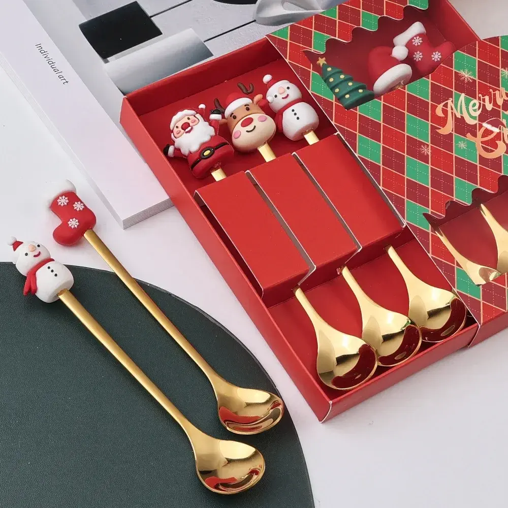 New 4/6Pcs Christmas Fork and Spoon Set,Stainless Steel Creative Tableware,Coffee Tea Dessert Forks and Spoons Holiday Gifts