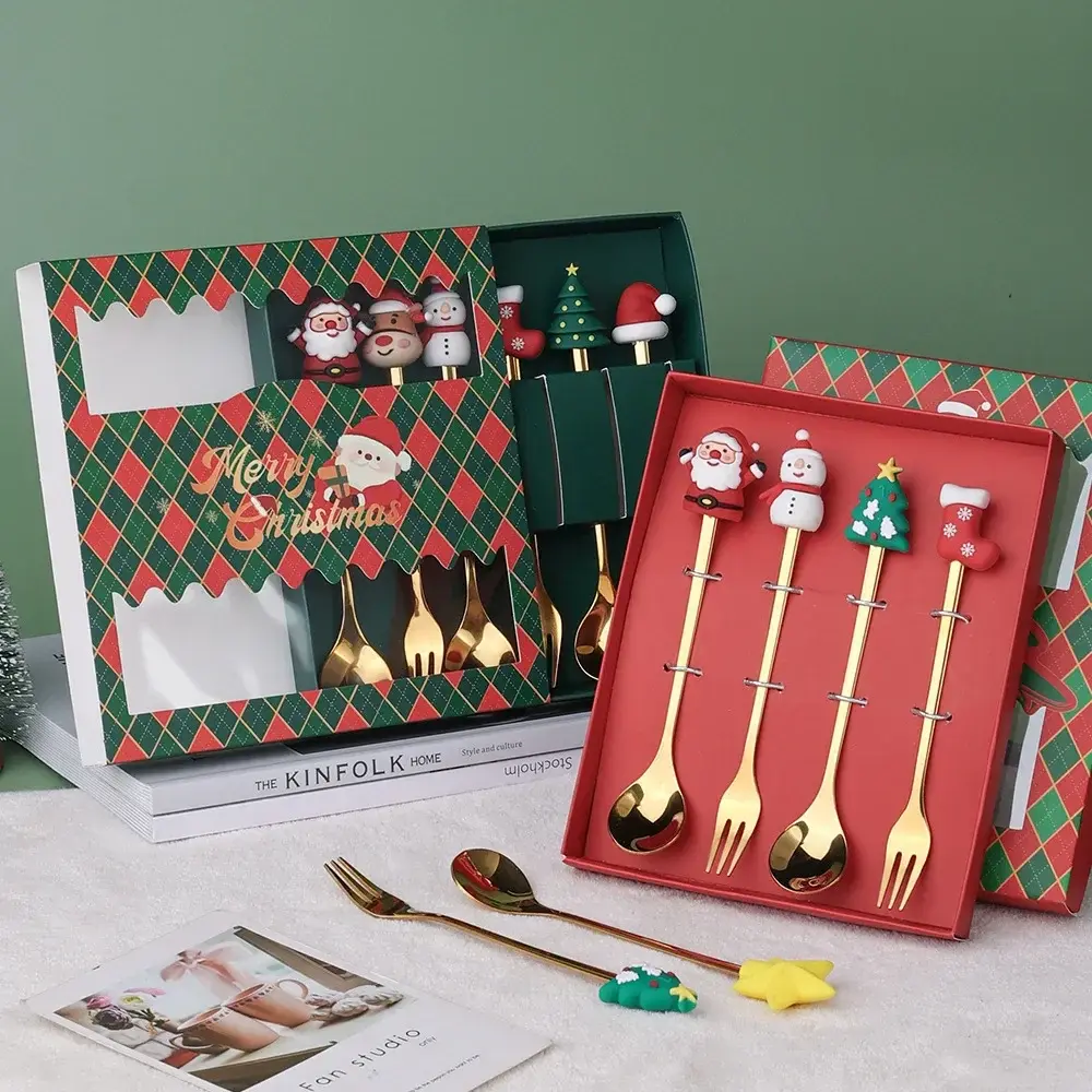 New 4/6Pcs Christmas Fork and Spoon Set,Stainless Steel Creative Tableware,Coffee Tea Dessert Forks and Spoons Holiday Gifts