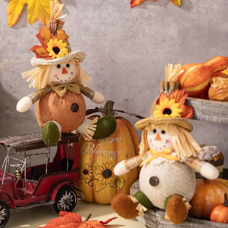Thanksgiving Scarecrow Doll Series Decorations Harvest Season Maple Leaf Straw Hat Gnome Doll for Thanksgiving Decorative