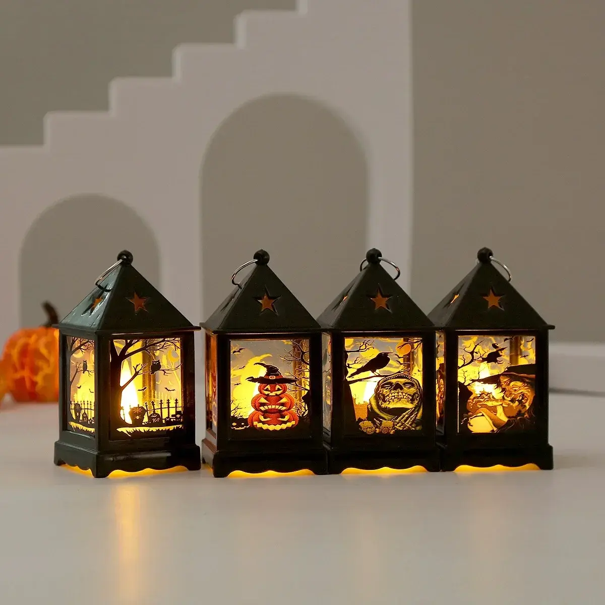 Halloween Decoration Electronic Candle Light Retro Pumpkin Ghost Castle Lantern Night Light LED Lamp Halloween Decoration 2024
