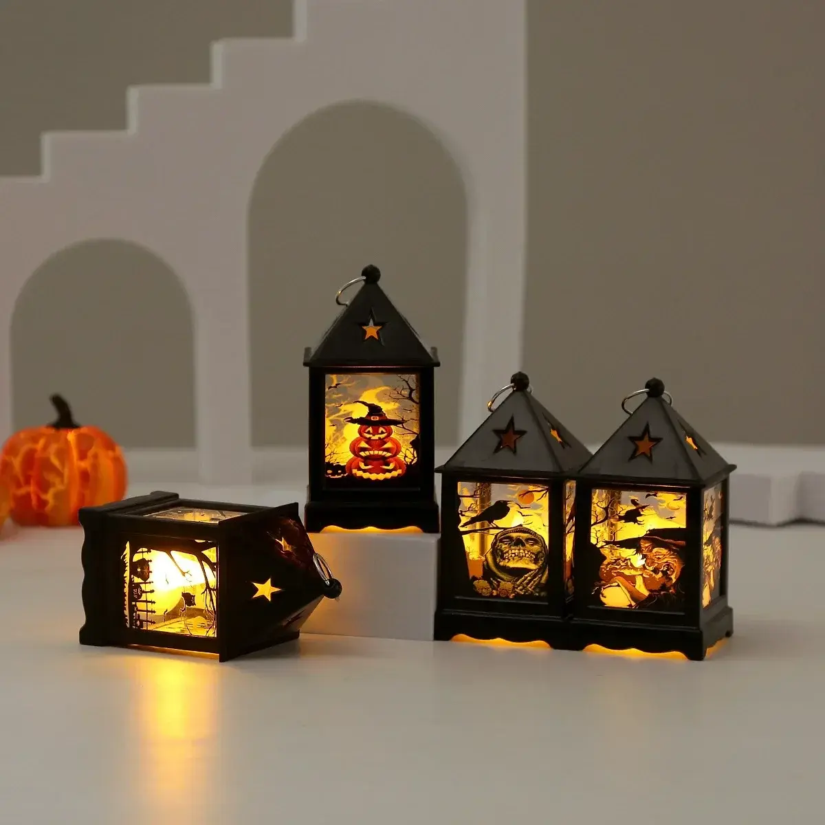 Halloween Decoration Electronic Candle Light Retro Pumpkin Ghost Castle Lantern Night Light LED Lamp Halloween Decoration 2024