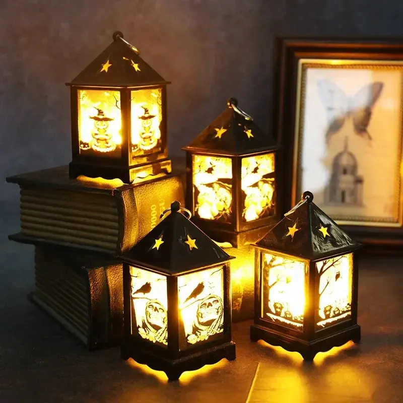 Halloween Decoration Electronic Candle Light Retro Pumpkin Ghost Castle Lantern Night Light LED Lamp Halloween Decoration 2024