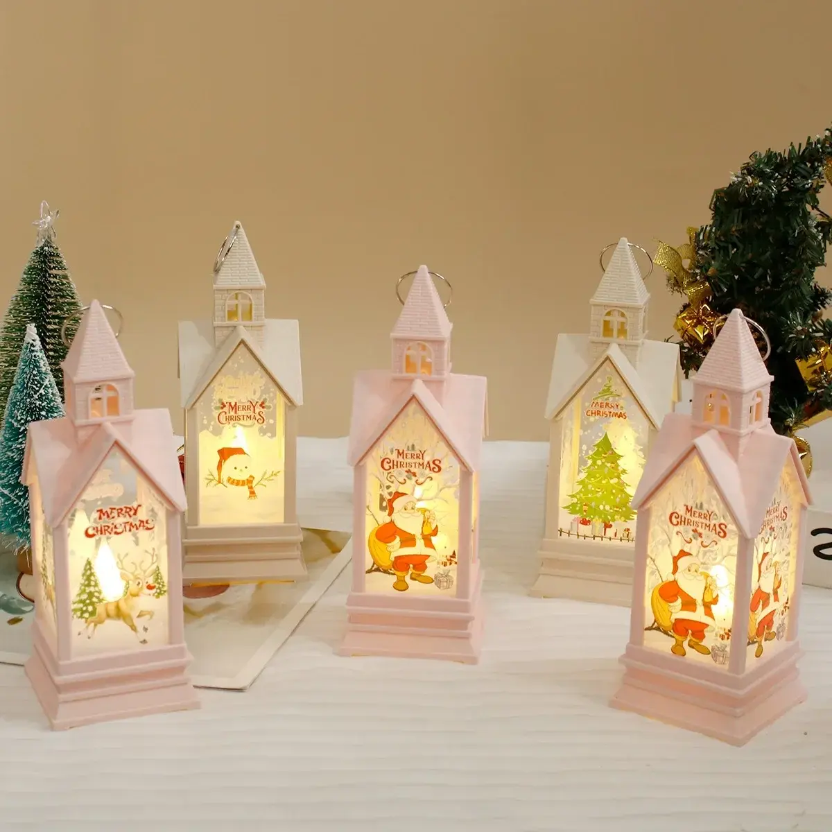 Christmas Decoration Night Light Castle Night Light Hanging Vintage Santa Lights Luminous LED Lantern Party Props Ornaments
