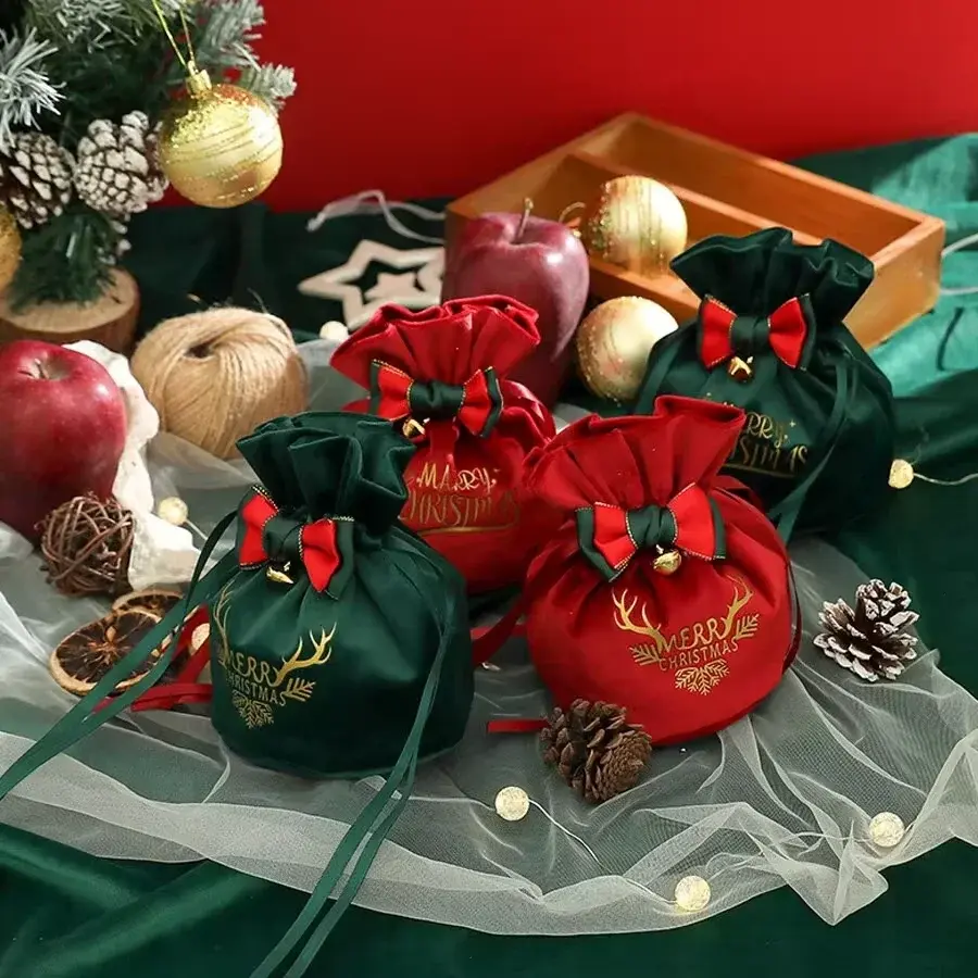 Drawstring Christmas Velvet Bags Gift Packaging Bag Candy Biscuit Pouch Merry Christmas Bracelet Jewelry Storage Bag Decoration