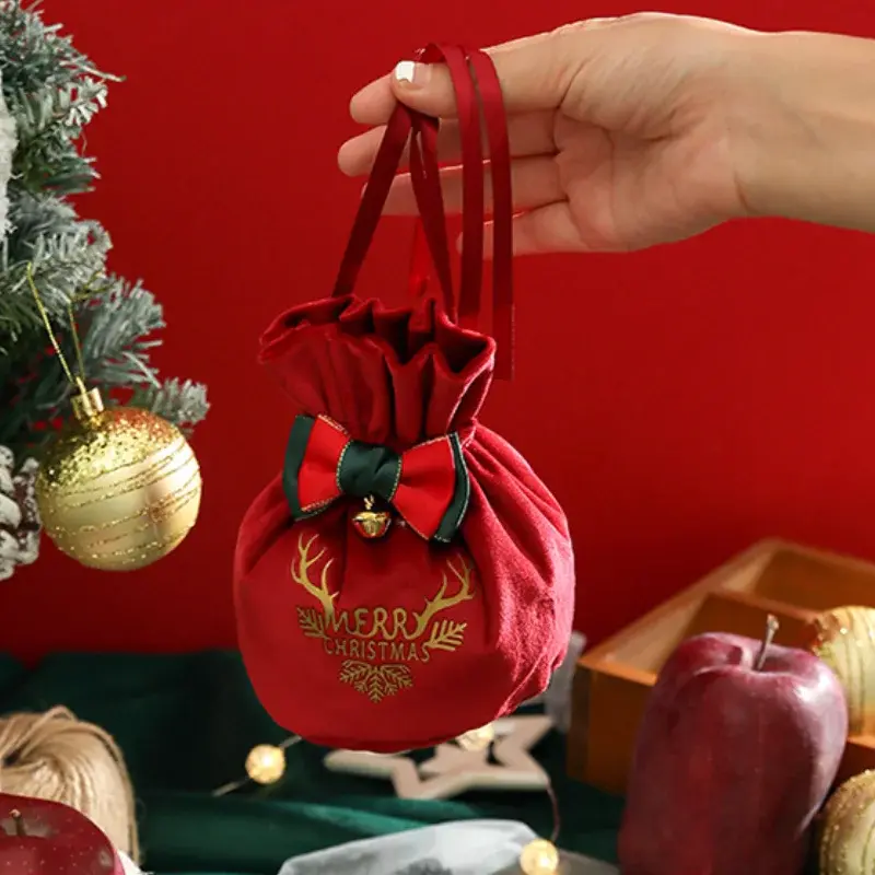 Drawstring Christmas Velvet Bags Gift Packaging Bag Candy Biscuit Pouch Merry Christmas Bracelet Jewelry Storage Bag Decoration
