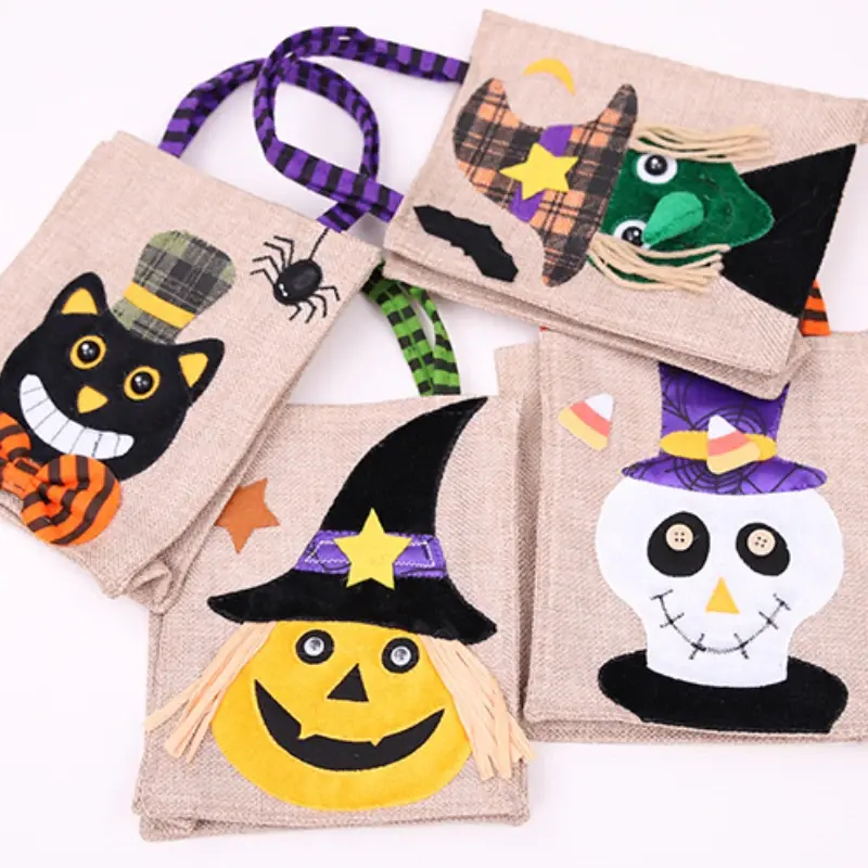 Halloween Linen Treat Cosmetics Candy Jewelry Gift Bags Cat Pattern Totes Bag Trick or Treat Halloween Party Favor Handbag