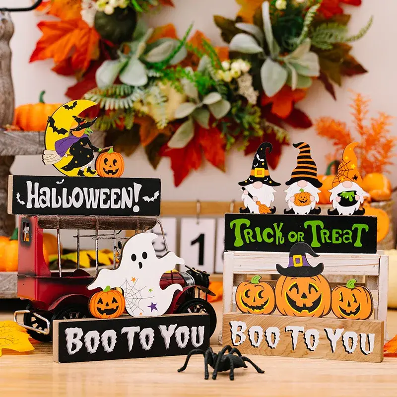 Halloween Wooden Tabletop Centerpieces Spooky Halloween Ornament for Table Party Home Decoration Model Pumpkin Ghost Ornaments
