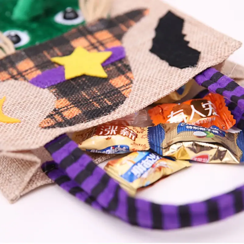 Halloween Linen Treat Cosmetics Candy Jewelry Gift Bags Cat Pattern Totes Bag Trick or Treat Halloween Party Favor Handbag