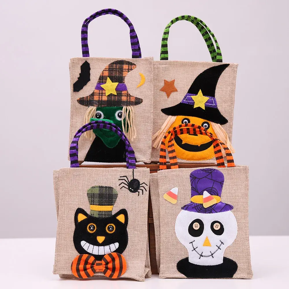 Halloween Linen Treat Cosmetics Candy Jewelry Gift Bags Cat Pattern Totes Bag Trick or Treat Halloween Party Favor Handbag