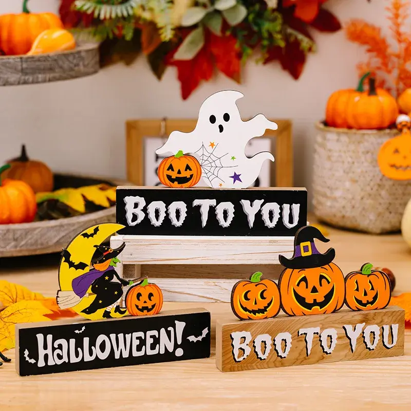 Halloween Wooden Tabletop Centerpieces Spooky Halloween Ornament for Table Party Home Decoration Model Pumpkin Ghost Ornaments