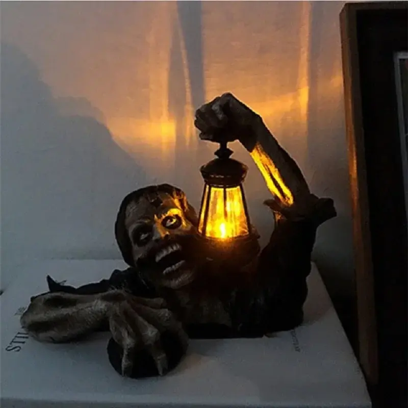 Horror Zombie Carrying Lamp Ornament Garden Crafts Decor Resin Statue Model Doll LED Lantern Light Garden Halloween Decoration