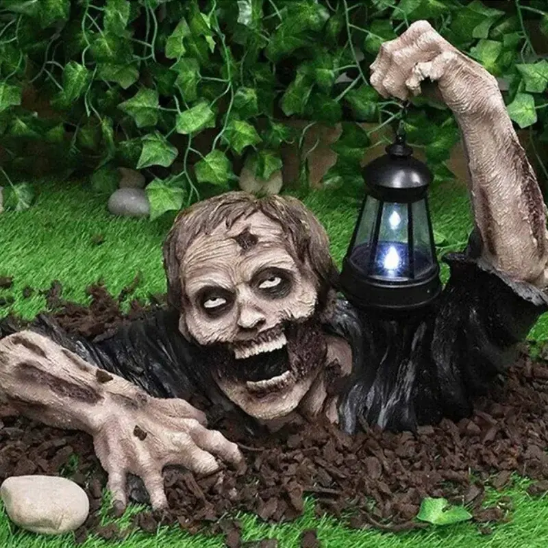 Horror Zombie Carrying Lamp Ornament Garden Crafts Decor Resin Statue Model Doll LED Lantern Light Garden Halloween Decoration