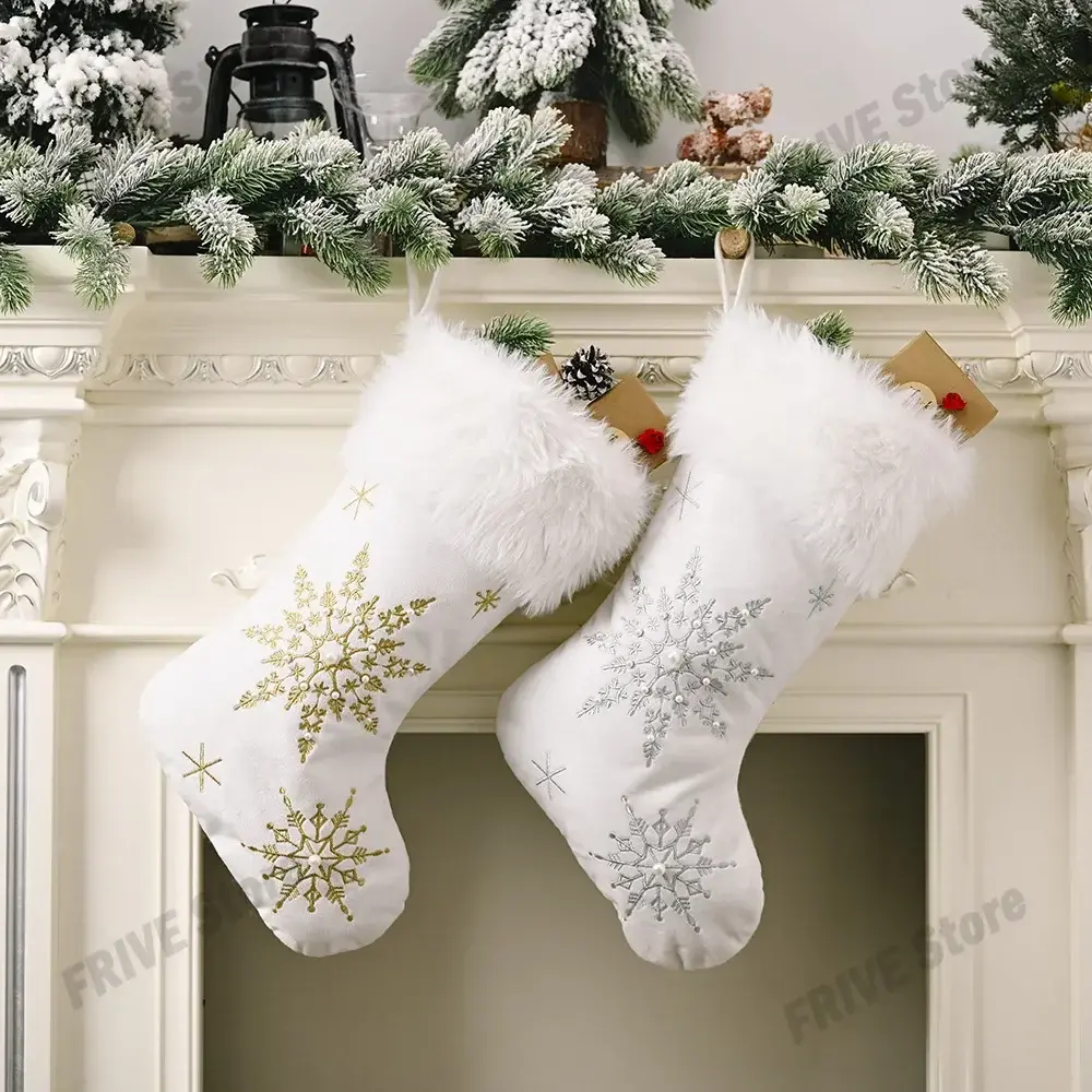 2024 Christmas Socks Embroidered Snowflake Letter Stocking Christmas Decoration For Home Xmas Tree Ornament Gift Navidad Natal