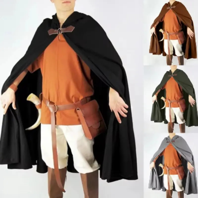 Medieval Cloak Men Retro Hooded Long Cape Coat Cos Halloween Party Gothic Cosplay Costume Halloween Holiday Photo Props