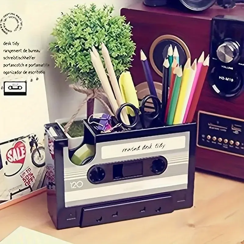 Creative Office Desk Stationery Organizer Pen Holder Retro Cassette Tape Dispenser Tape Holder Cutter Creative Office Stationery