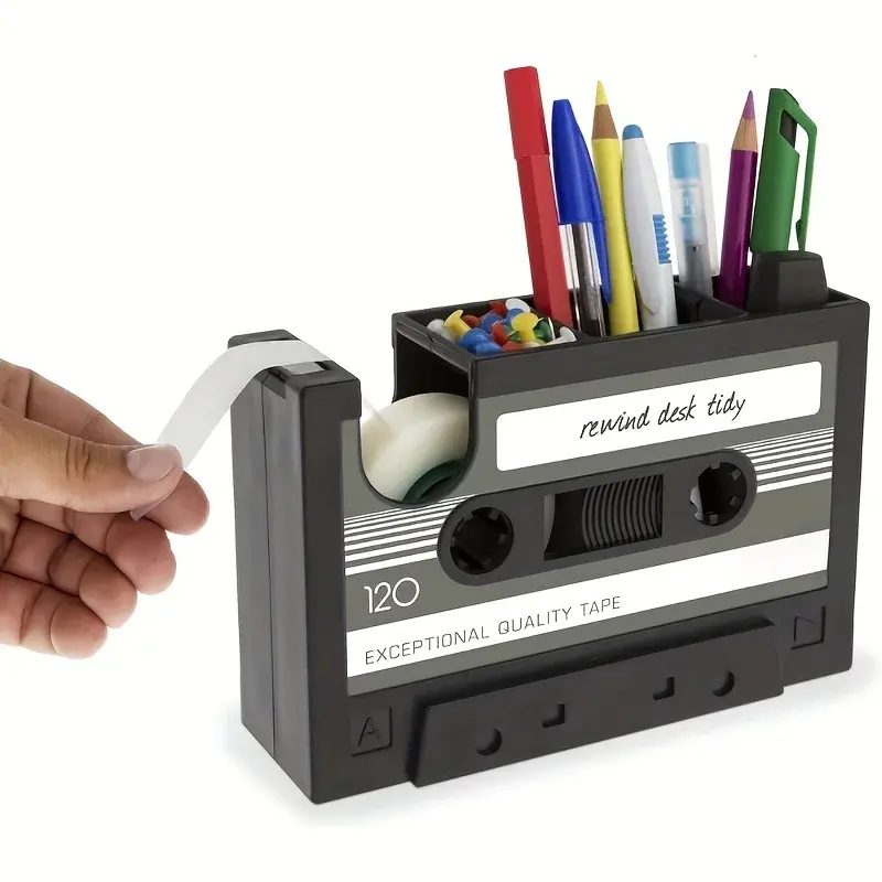 Creative Office Desk Stationery Organizer Pen Holder Retro Cassette Tape Dispenser Tape Holder Cutter Creative Office Stationery