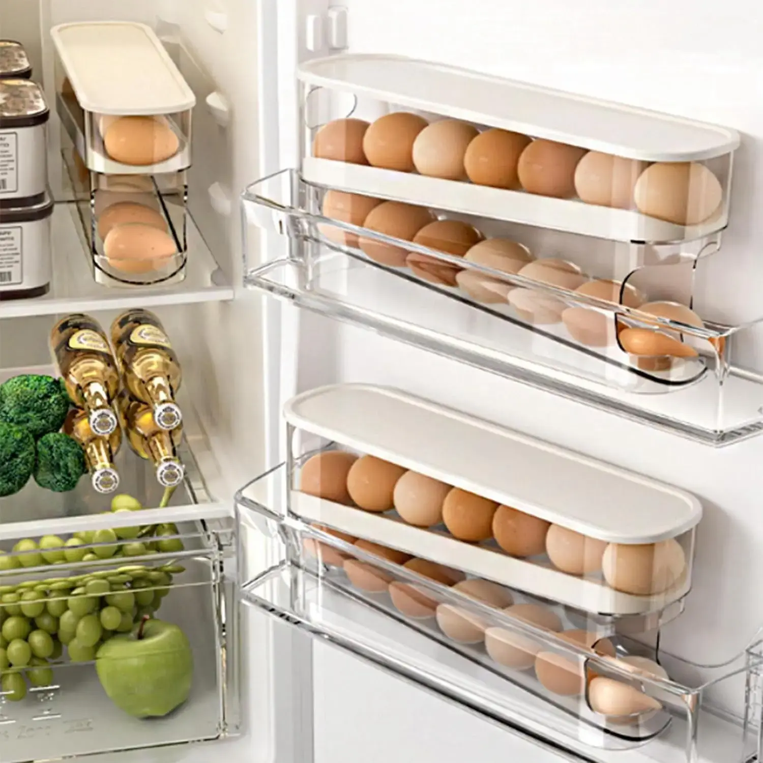 Egg Storage Box Automatic Scrolling Refrigerator Egg Holder Organizer Double Layer Egg Tray Drawer Box Case Storage Rack Holder