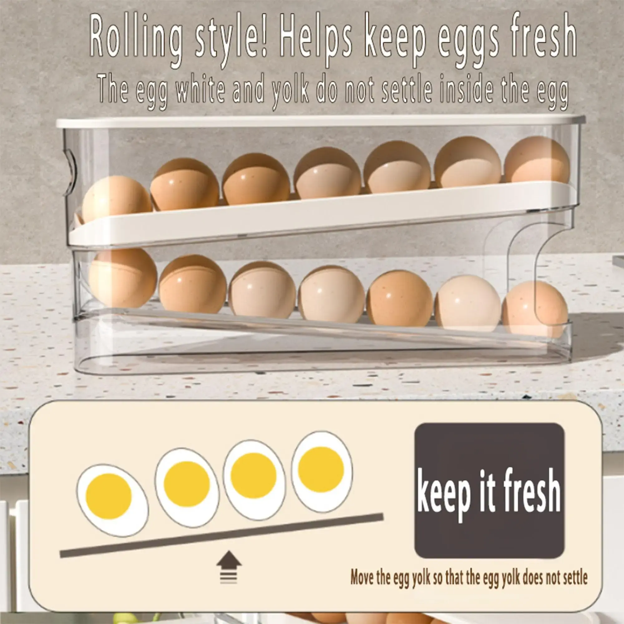 Egg Storage Box Automatic Scrolling Refrigerator Egg Holder Organizer Double Layer Egg Tray Drawer Box Case Storage Rack Holder