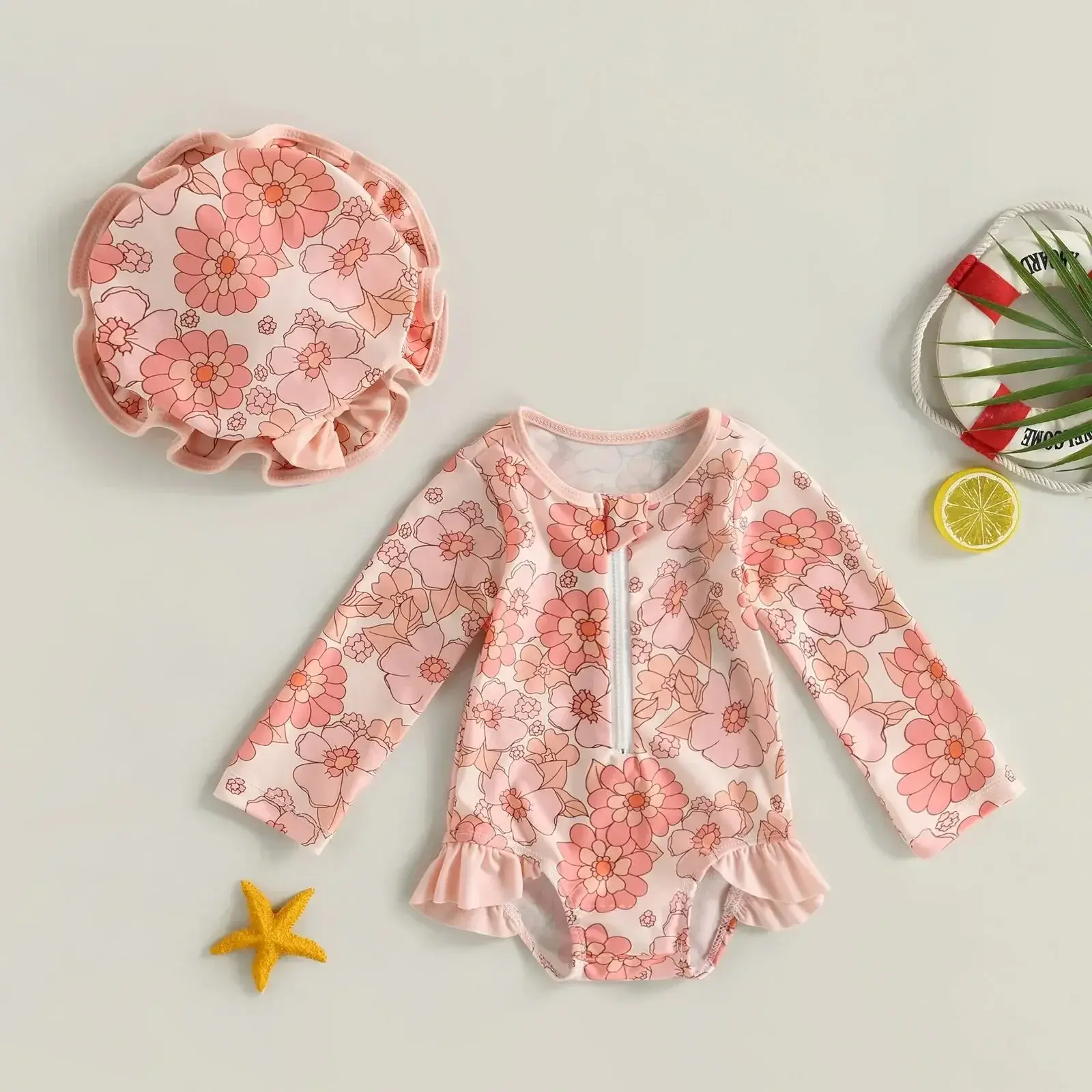 2024 Baby Girl Outfits Summer Outfits Flamingo/Flower Print Long Sleeve Zipper Swimwear Jumpsuit Headband Girls Bathing Suits