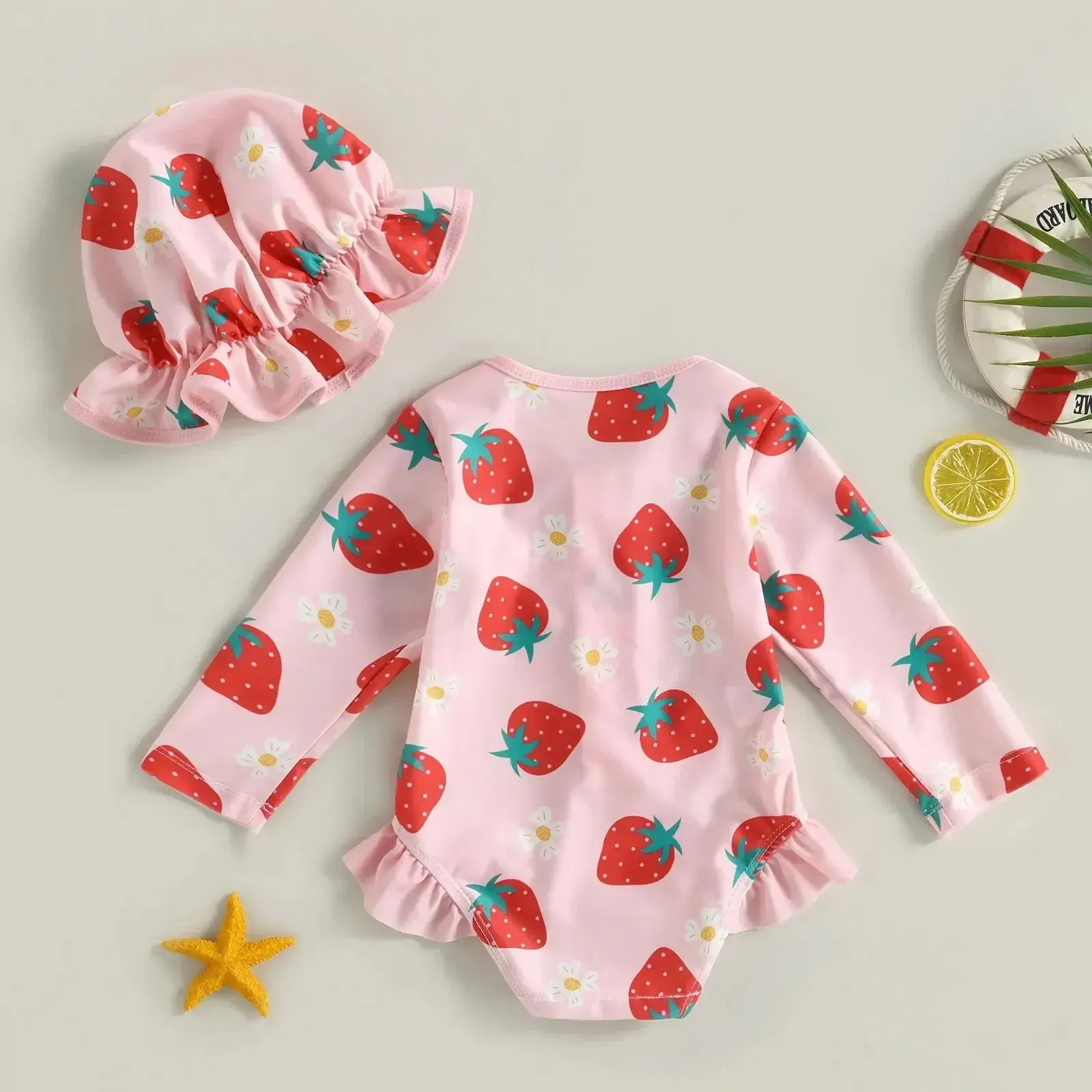 2024 Baby Girl Outfits Summer Outfits Flamingo/Flower Print Long Sleeve Zipper Swimwear Jumpsuit Headband Girls Bathing Suits