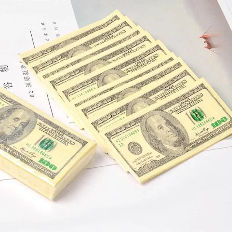 8Pcs/Pack Simulated US Dollar Printed Tissue Paper Disposable Napkins Original Wood Pulp Napkin Portable Items Kitchen Utensils