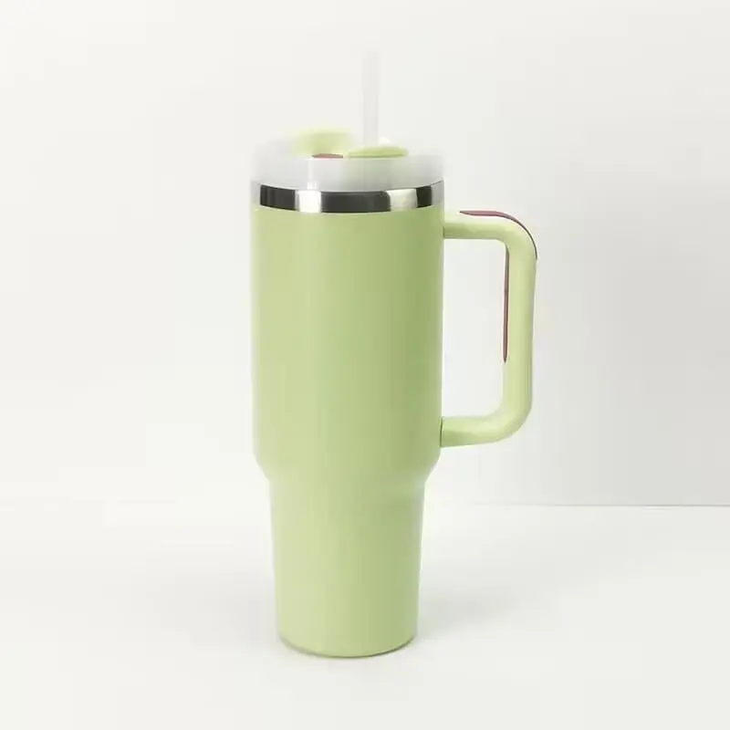 Large Capacity Stainless Steel Green Water Bottle with Handle Lid Straw Vacuum Thermos Cup Travel Car Coffee Mug 40Oz/1200ml
