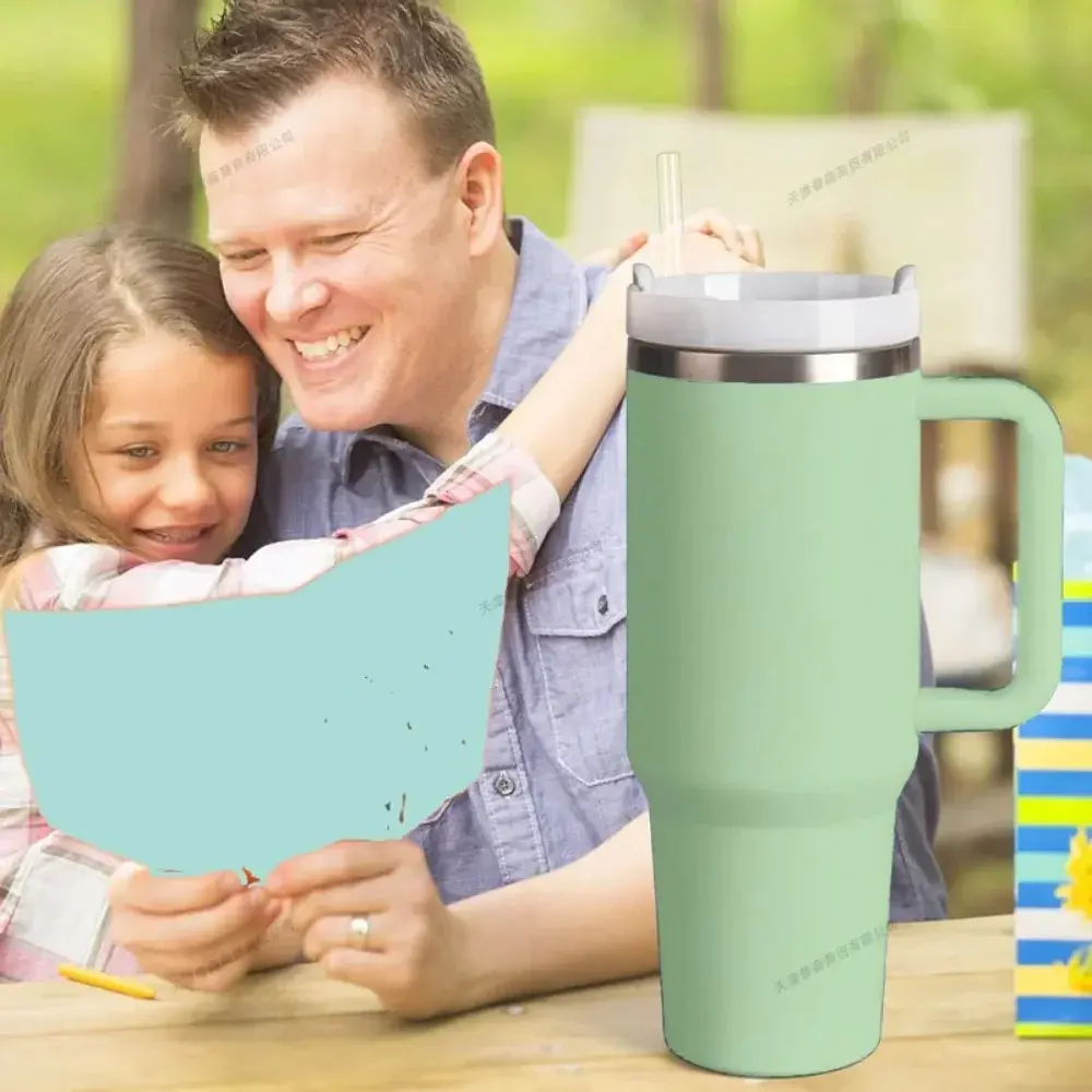 Large Capacity Stainless Steel Green Water Bottle with Handle Lid Straw Vacuum Thermos Cup Travel Car Coffee Mug 40Oz/1200ml