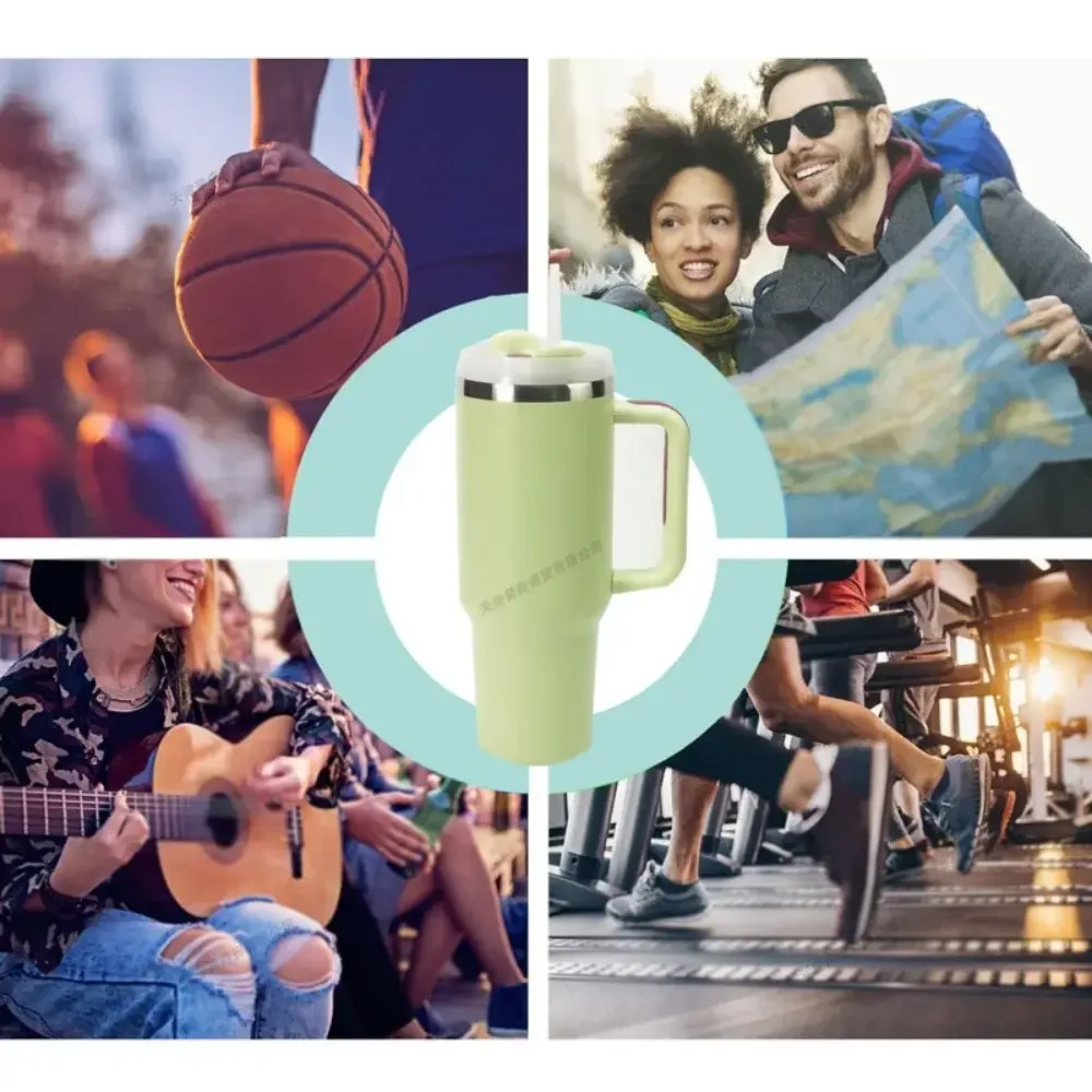 Large Capacity Stainless Steel Green Water Bottle with Handle Lid Straw Vacuum Thermos Cup Travel Car Coffee Mug 40Oz/1200ml