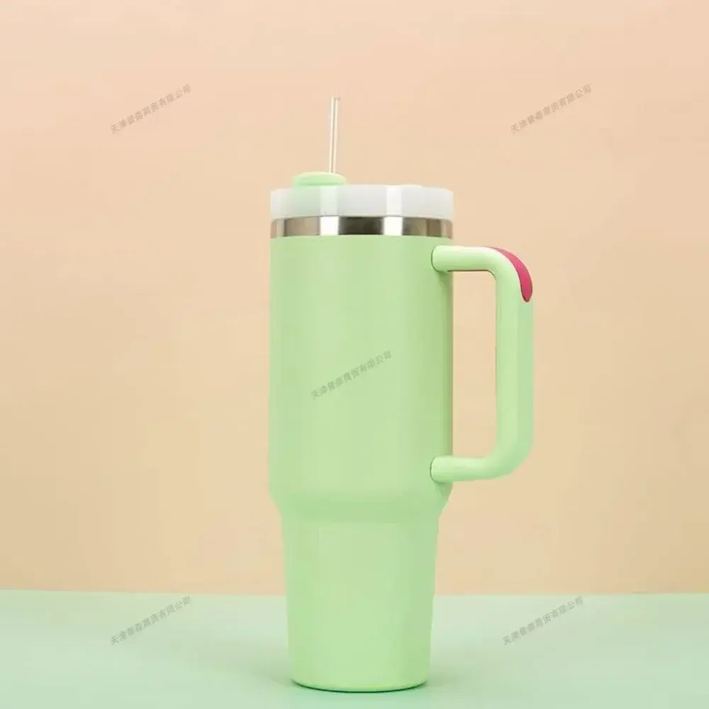 Large Capacity Stainless Steel Green Water Bottle with Handle Lid Straw Vacuum Thermos Cup Travel Car Coffee Mug 40Oz/1200ml