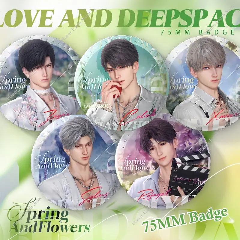2Pcs Love & Deepspace Sylus Rafayel Zayne Xavier Caleb Anime Spring and Flowers 75MM Round Badge Brooch + Collection Card Set