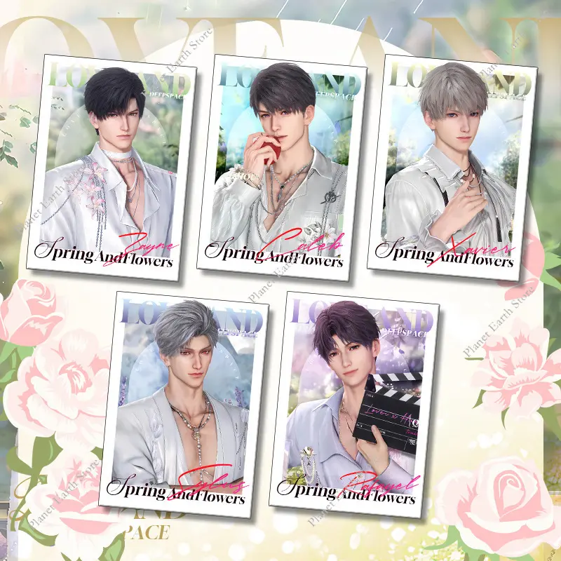 2Pcs Love & Deepspace Sylus Rafayel Zayne Xavier Caleb Anime Spring and Flowers 75MM Round Badge Brooch + Collection Card Set