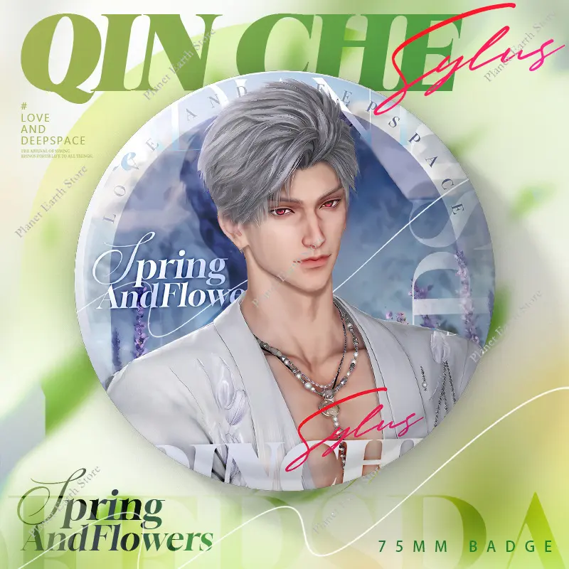 2Pcs Love & Deepspace Sylus Rafayel Zayne Xavier Caleb Anime Spring and Flowers 75MM Round Badge Brooch + Collection Card Set