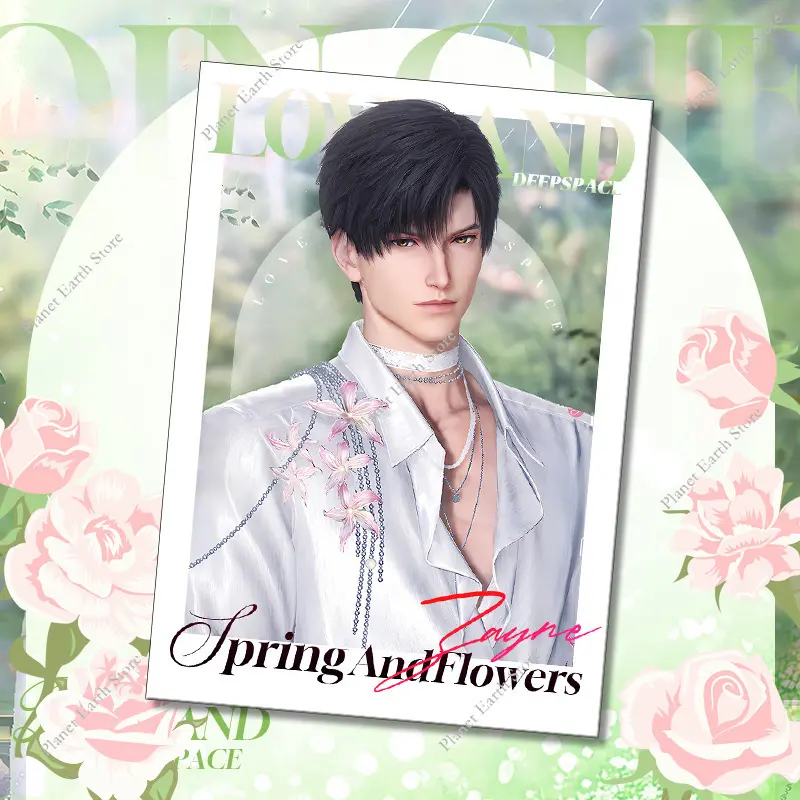 2Pcs Love & Deepspace Sylus Rafayel Zayne Xavier Caleb Anime Spring and Flowers 75MM Round Badge Brooch + Collection Card Set