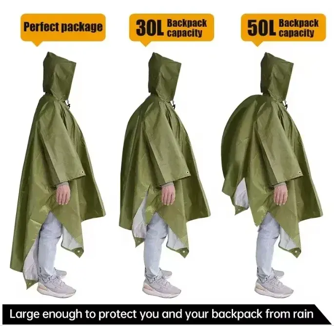 1PC 3-In-1 Multifunction Waterproof Poncho Raincoat Shelter Outdoor Camping Mat Backpack Cover Women Men Emergency Raincoat