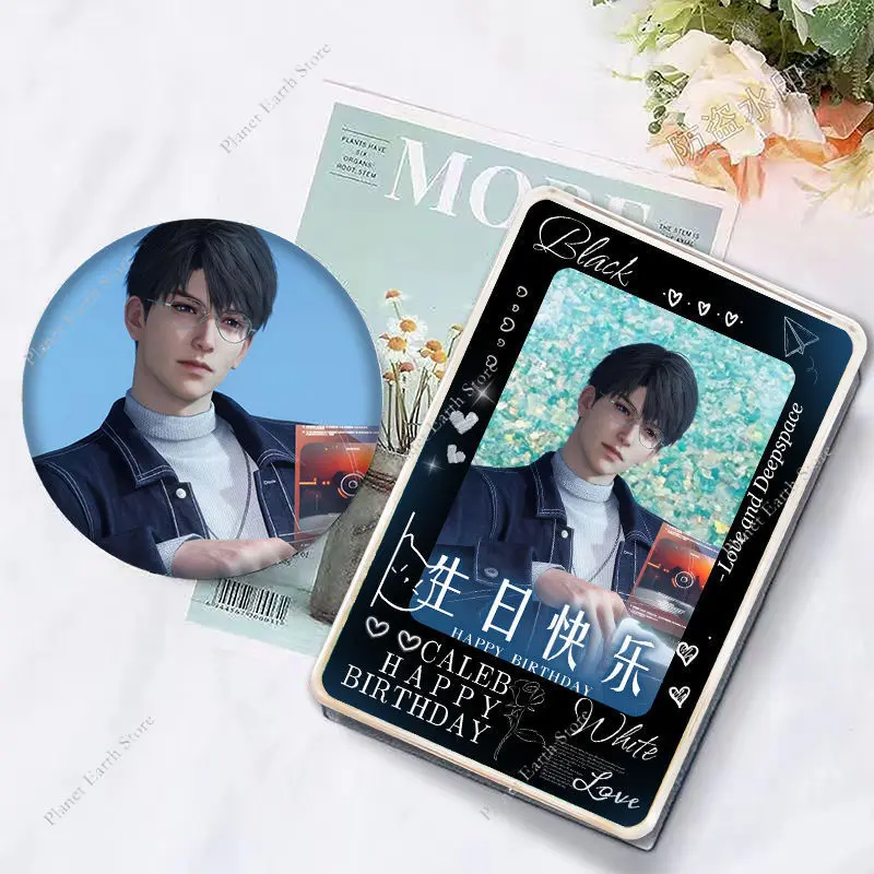 New 1/5/6Pcs/Set Caleb Happy Birthday Gift Set-Love & Deepspace Key Chain Badge KeyChain Quicksand Mahjong Postcard Fans Gifts