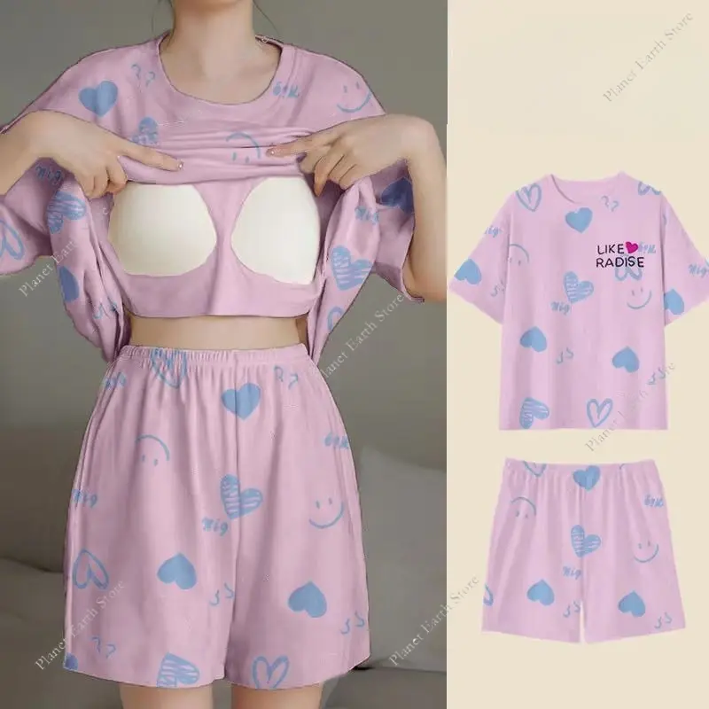 2Pcs/Set Summer Women's Pajamas Sleepwear - Short Tops and Shorts with Chest Pad Womens Student Dormitory Printing Pajamas