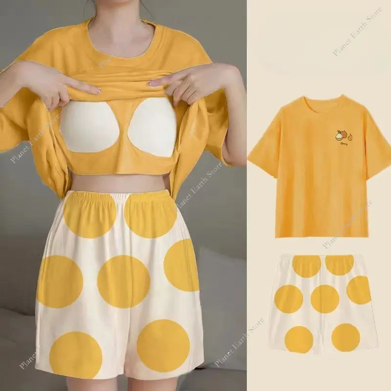 2Pcs/Set Summer Women's Pajamas Sleepwear - Short Tops and Shorts with Chest Pad Womens Student Dormitory Printing Pajamas