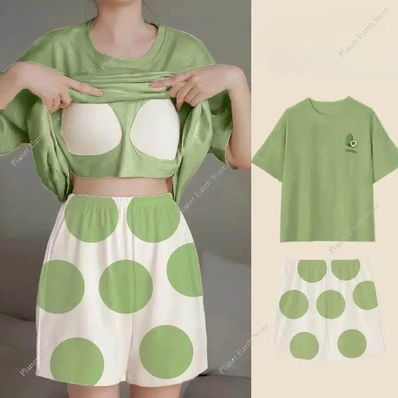 2Pcs/Set Summer Women's Pajamas Sleepwear - Short Tops and Shorts with Chest Pad Womens Student Dormitory Printing Pajamas