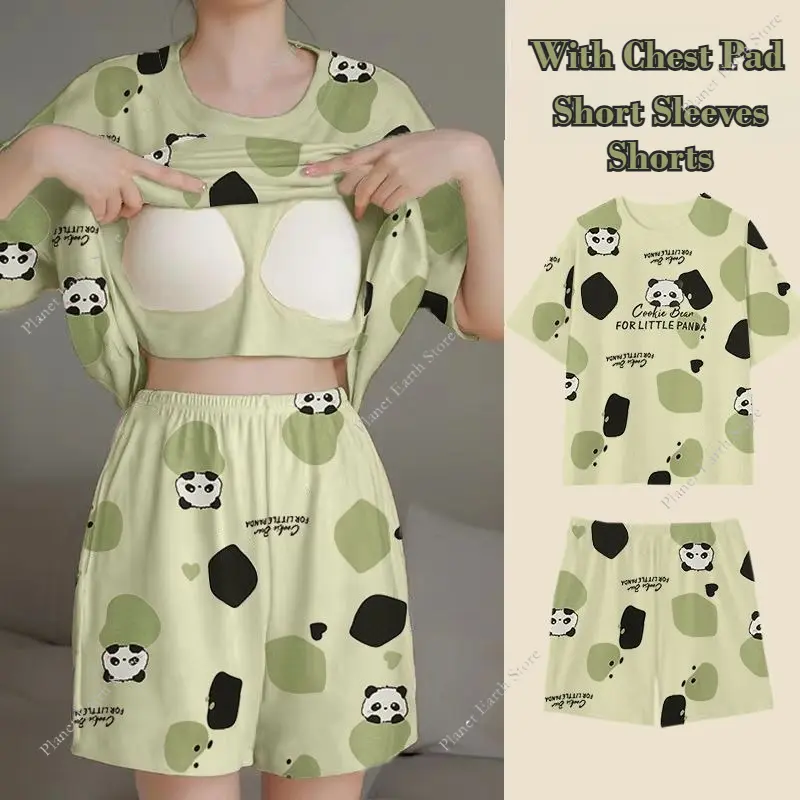 2Pcs/Set Summer Women's Pajamas Sleepwear - Short Tops and Shorts with Chest Pad Womens Student Dormitory Printing Pajamas