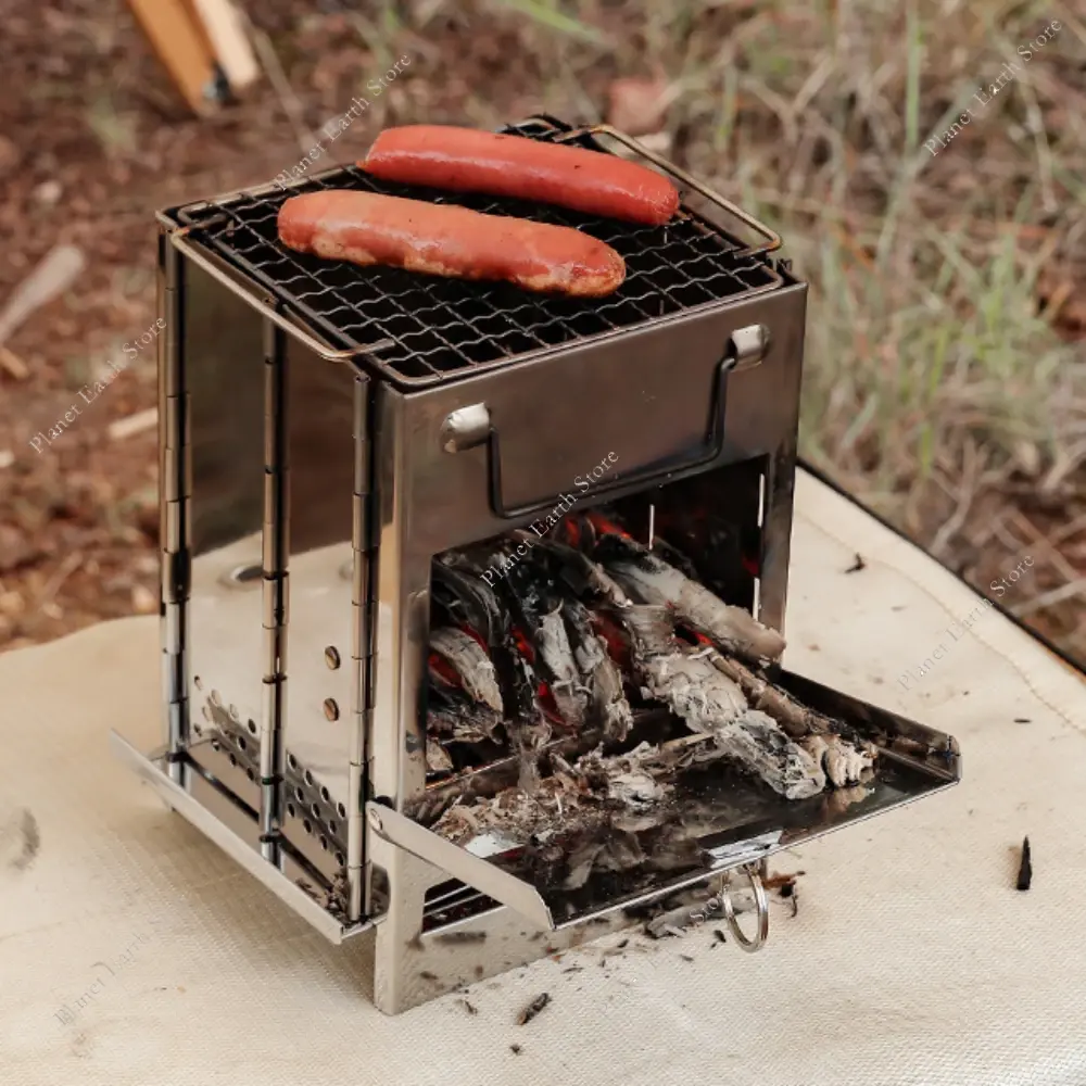 Outdoor Camping Foldable Mini Stainless Steel Firewood Stove Compact Lightweight Barbecue Grill Picnic Cooking Firewood Stove
