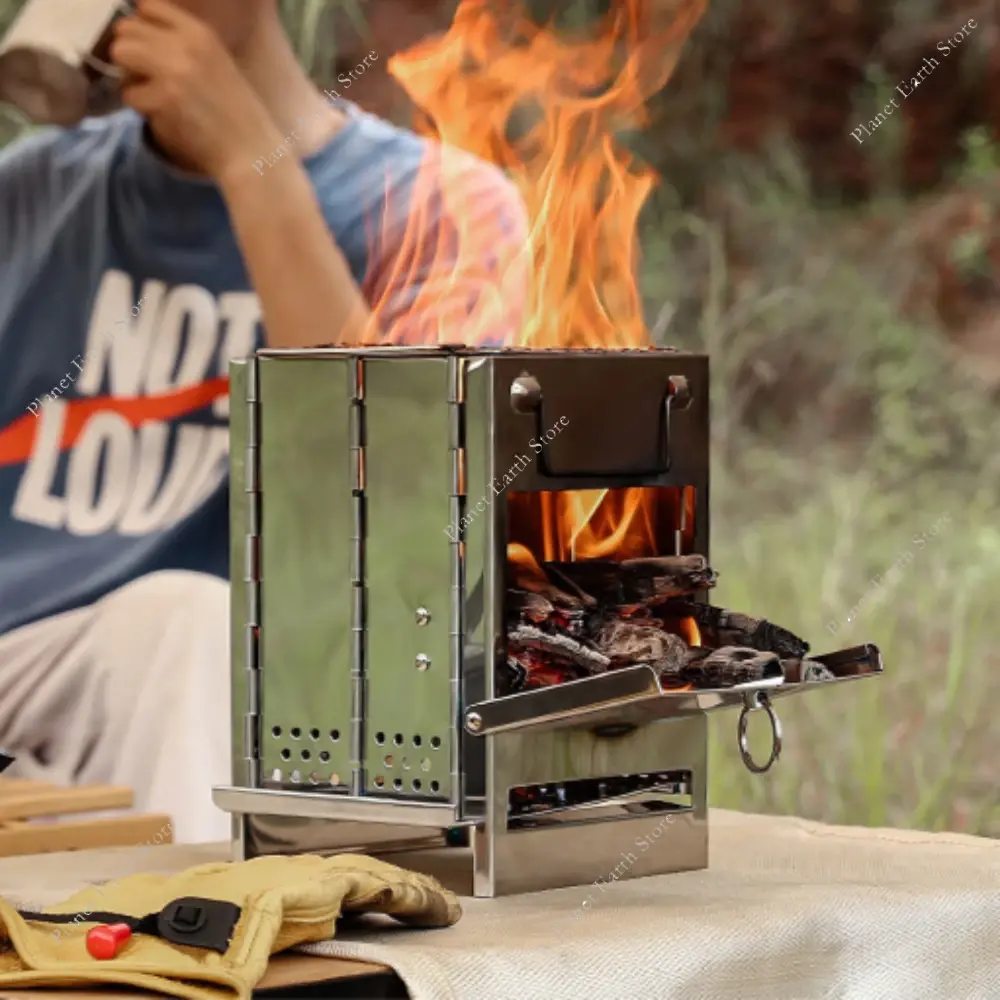 Outdoor Camping Foldable Mini Stainless Steel Firewood Stove Compact Lightweight Barbecue Grill Picnic Cooking Firewood Stove