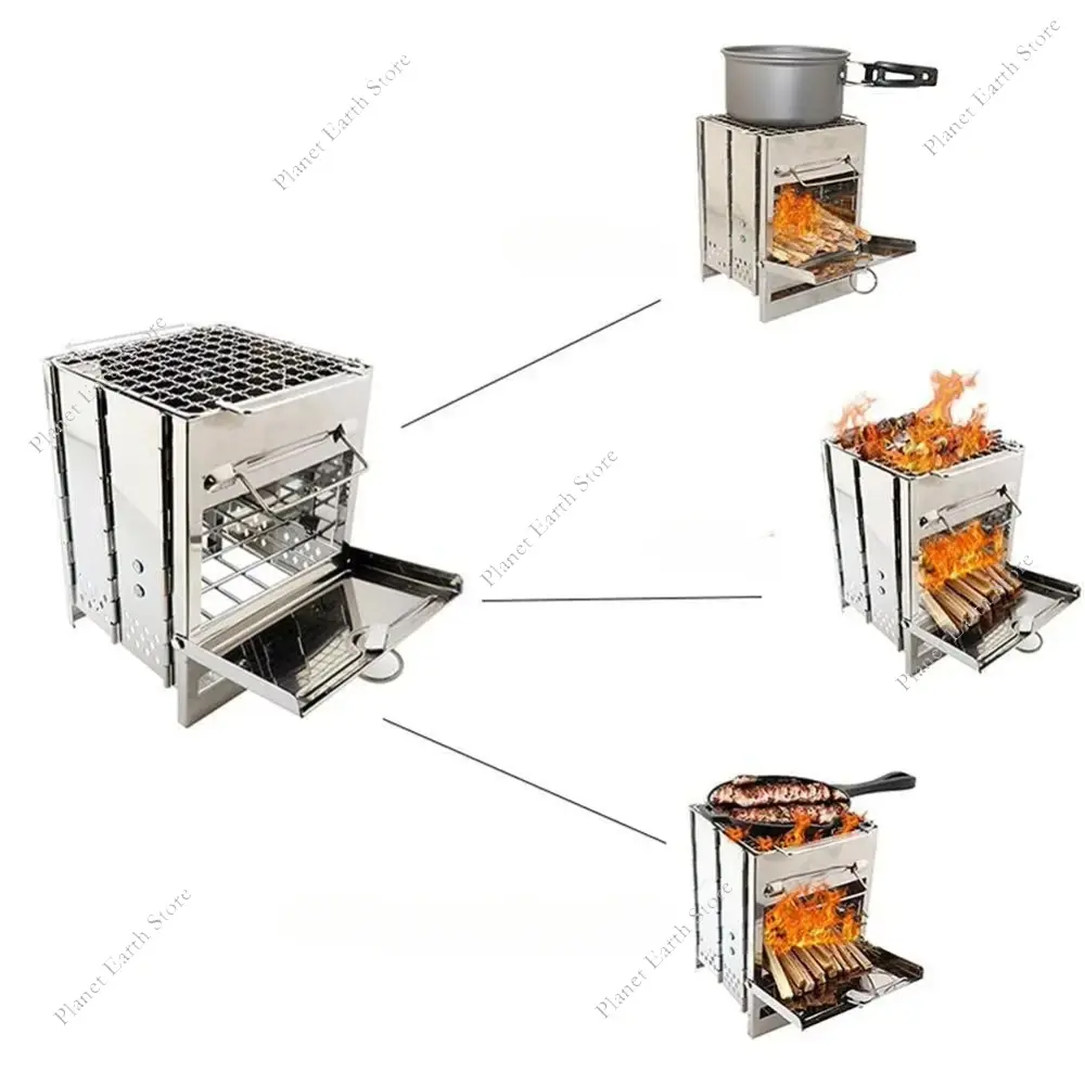 Outdoor Camping Foldable Mini Stainless Steel Firewood Stove Compact Lightweight Barbecue Grill Picnic Cooking Firewood Stove