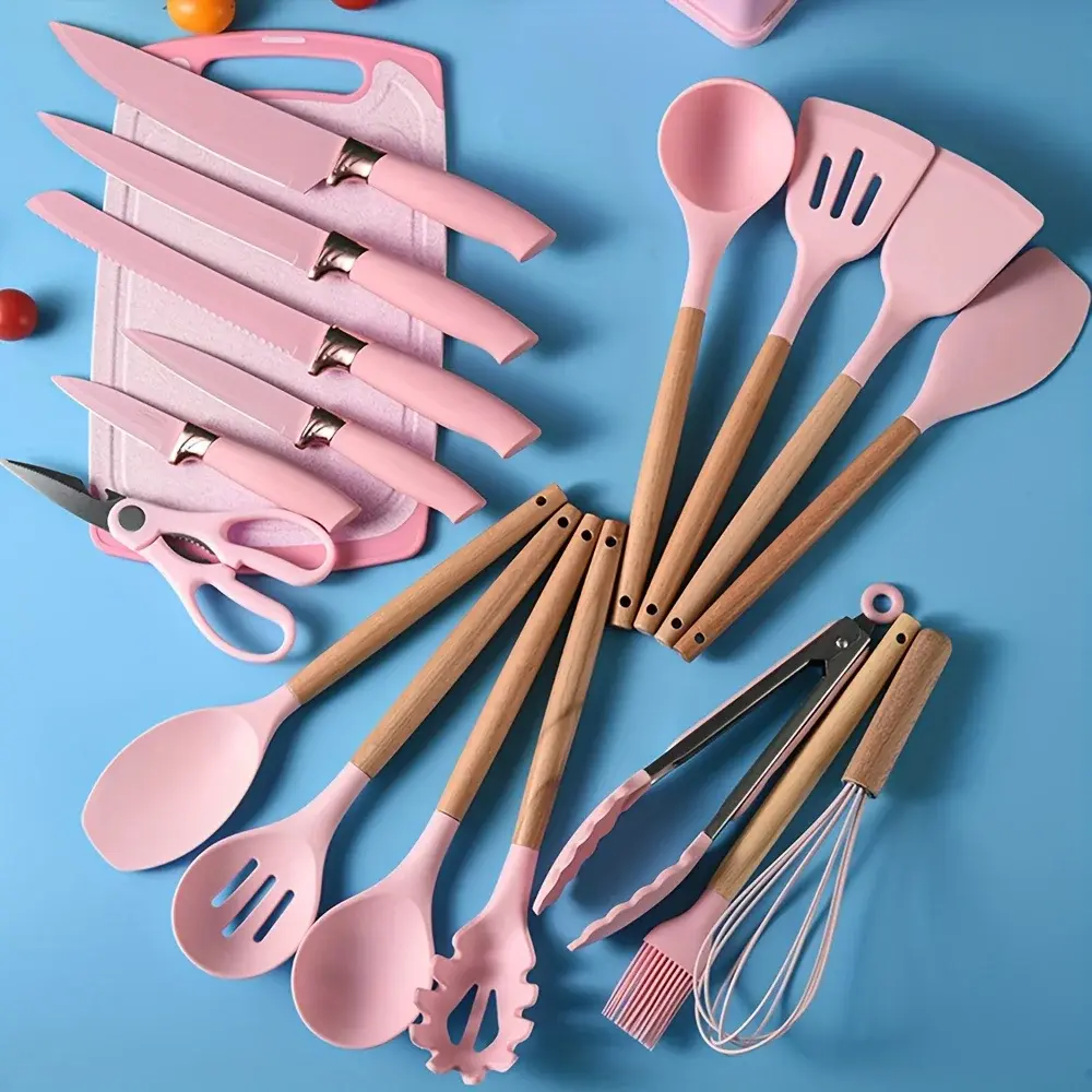 19Pcs Food Grade Silicone Baking Utensils Set with Wooden Handles Knives Heat-resistant Durable Cooking Kitchen Tools Gadgets